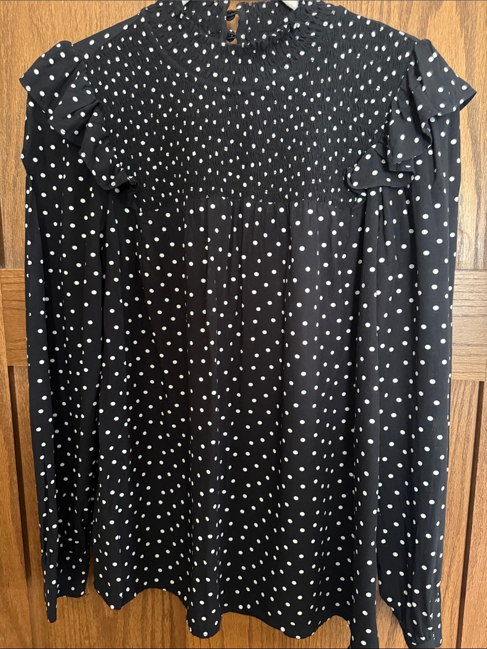 LOFT Black Polka Dot Long Sleeve Smocked Yoke Blouse